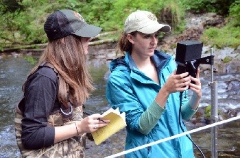 Two female park interns assist in data collection in a stream.
