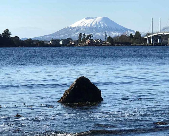 A view from the park of Mt Edgecumbe and a volcanic erratic in the sound.