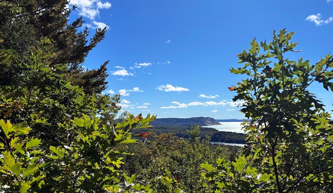 An overlook view of a large body of water with a forested bluff in the distance.