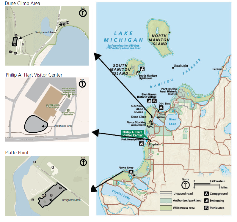 This figure shows a regional map of Sleeping Bear Dunes National Lakeshore in northwestern Michigan with three inset maps highlighting specific designated areas. North is oriented at the top.  Full alt text below.