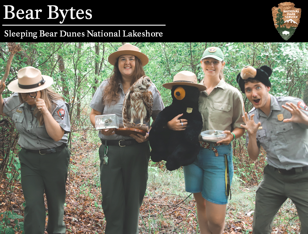 Four rangers hold various props in a densely forested habitat. A black band stretches across the top of the photo. Text says, "Bear Bytes. Sleeping Bear Dunes National Lakeshore." An NPS arrowhead is on the far right hand side of the black bar.