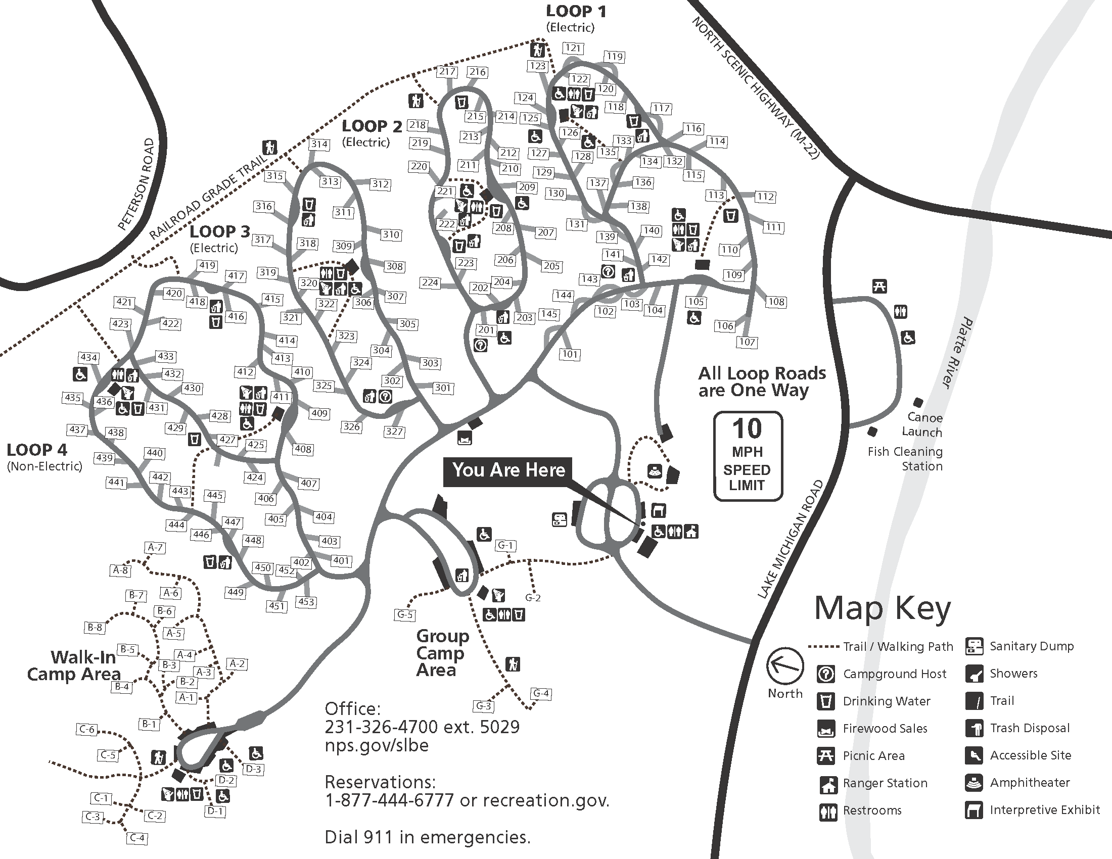 Alt Text – Platte River Campground Map (Sleeping Bear Dunes National Lakeshore)  This is a detailed campground map of the Platte River Campground at Sleeping Bear Dunes National Lakeshore, oriented with north at the top. The map is divided into four main