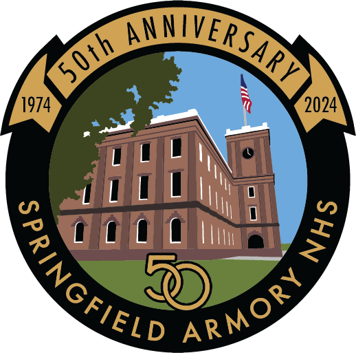 A multistory building with a clock tower, windows and flag. Text reads "1974 %0th Anniversary 2024, 50, Springfield Armory NHS"