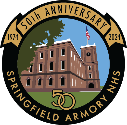 A multistory building with a clock tower, windows and flag. Text reads "1974 %0th Anniversary 2024, 50, Springfield Armory NHS"