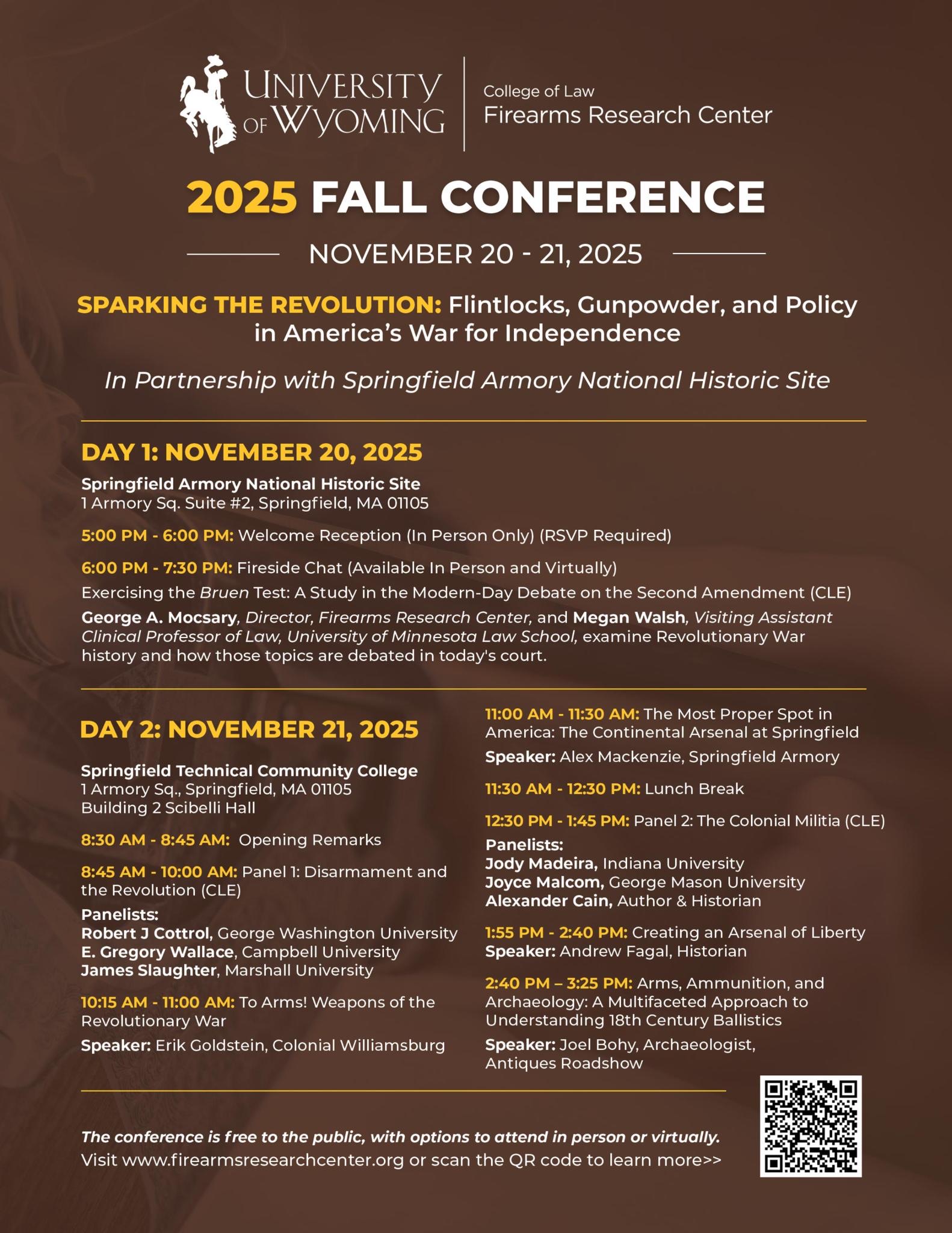 Flyer for the University of Wyoming College of Law Firearms Research Center’s 2025 Fall Conference, held November 20–21, 2025. Theme: “Sparking the Revolution: Flintlocks, Gunpowder, and Policy in America’s War for Independence.” The event is in partnersh