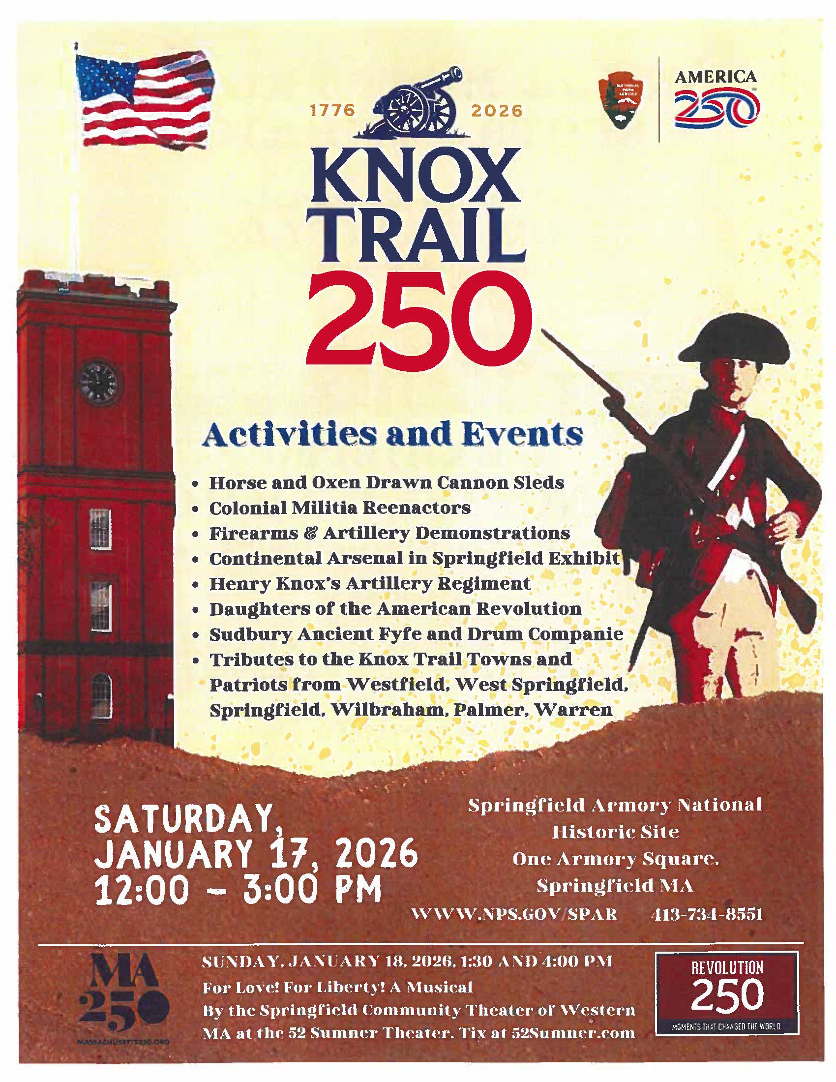 A historical-themed event flyer titled “1776–2026 Knox Trail.” The flyer features bold, colonial-style typography and patriotic imagery. It promotes a reenactment event with activities including horse- and oxen-drawn cannon sleds, colonial militia reenact