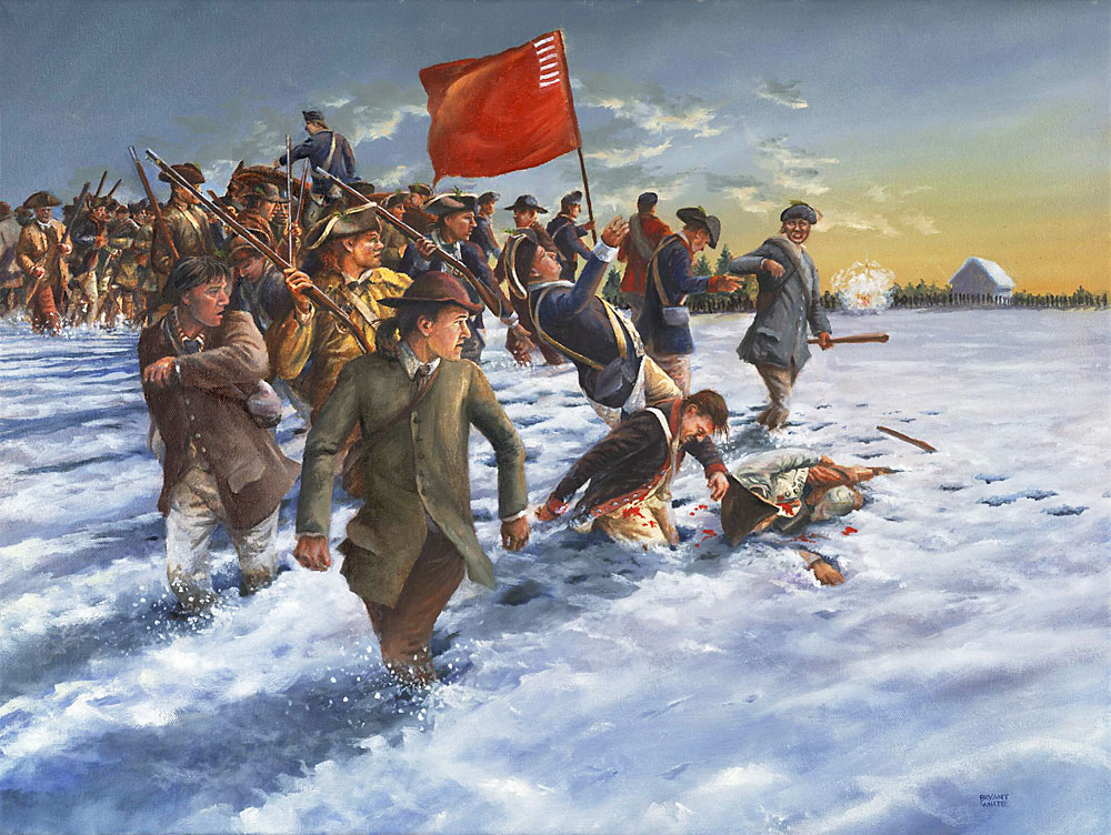 Painting.  Men in 18th century dress march across a snowy field.  Some of them have been shot and are falling into the snow.