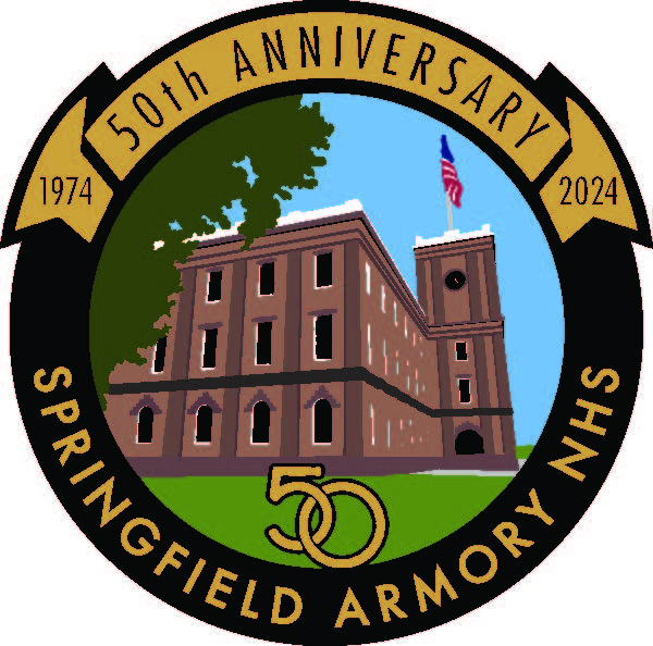 Drawing of multi-story building with text that reads: "1974 50th Anniversary 2024 Springfield Armory NHS"