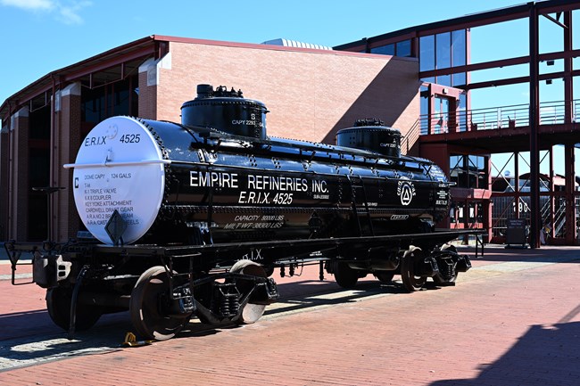 historic oil tank car on display outdoors