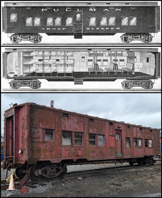 A black and white drawing of troop sleeper car portrayed above modern image of car's deteriorated status