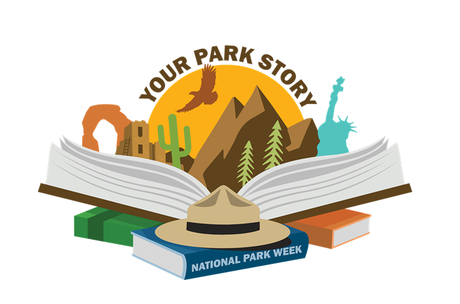 colorful graphic of ranger hat on book and text reads your park story national park week