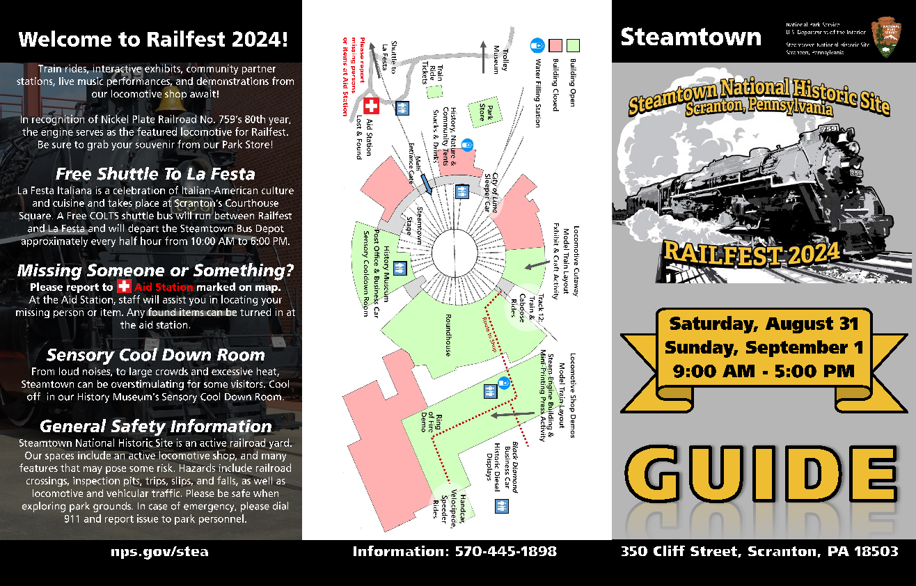 Image of visitor guide brochure divided into 3 sections: safety on left, site map in middle, program guide and cover on right