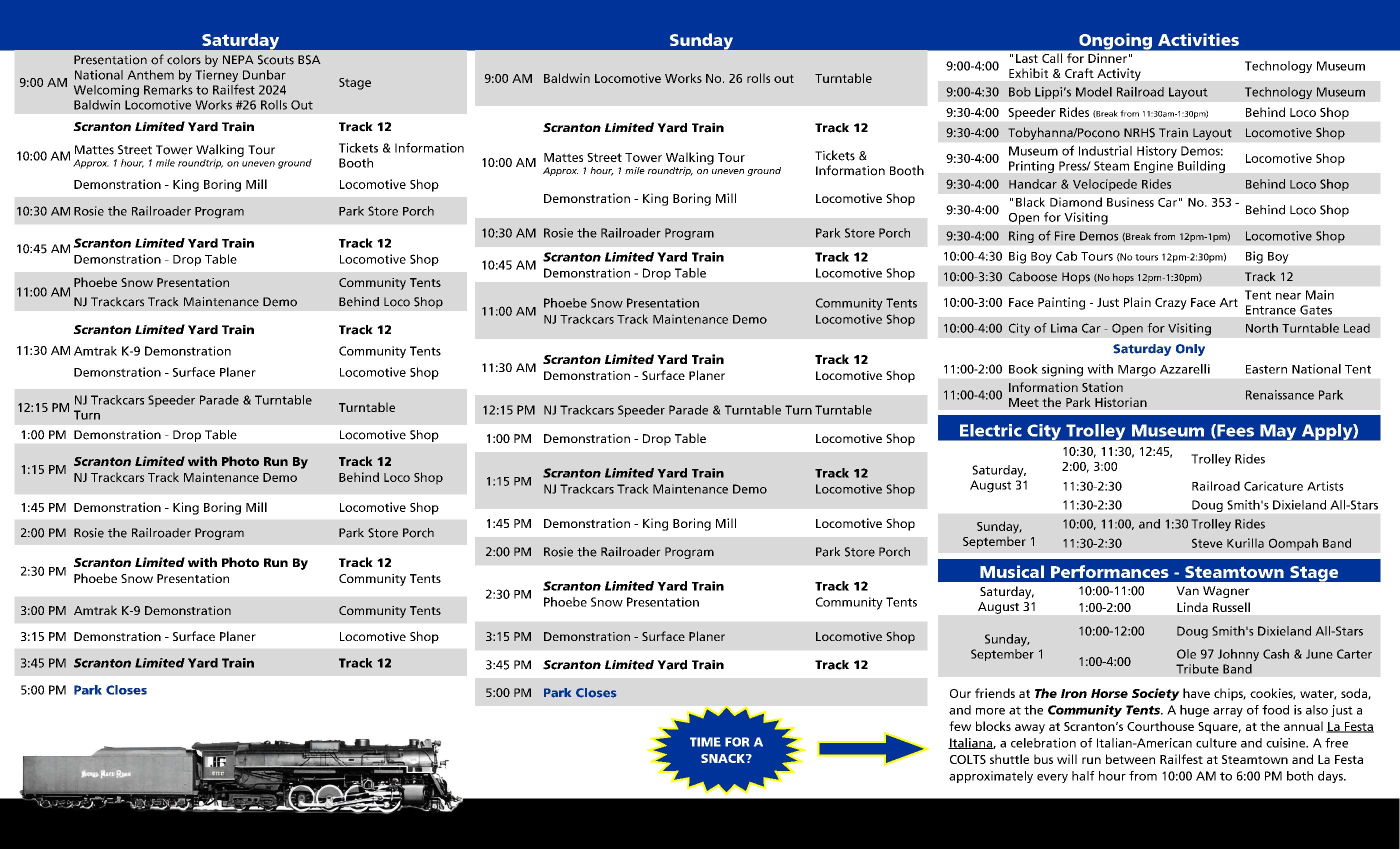 Page two of trifold brochure for Railfest 2024. Left side includes Saturday events, middle includes Sunday events, right side includes ongoing events all weekend