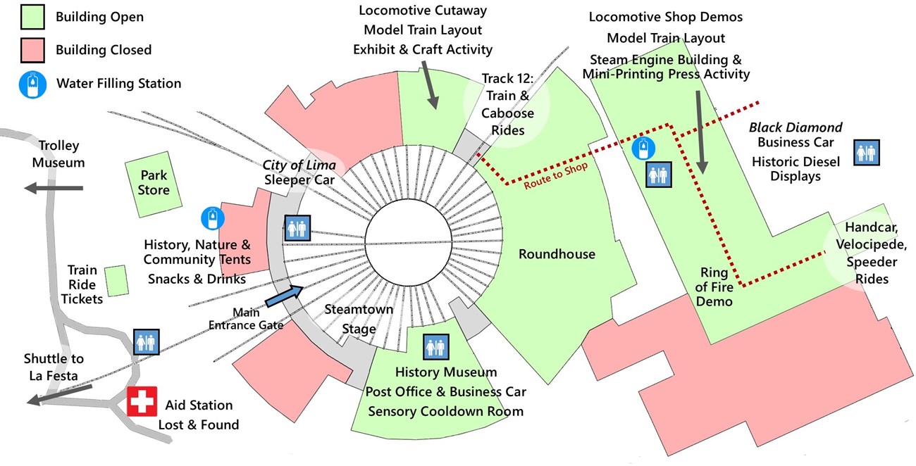 color copy of site map for Steamtown NHS Railfest 2024. Map identifies key buildings and program areas