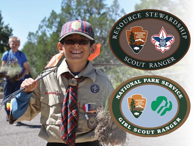 A smiling boy scout on the left and two scout patch graphics on the right