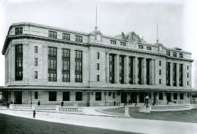 The Lackawanna Station in Scranton, PA, as it looked upon opening in 1908.  The exterior is Indiana Limestone, and an 8-foot bronze clock graces the top center of the building.