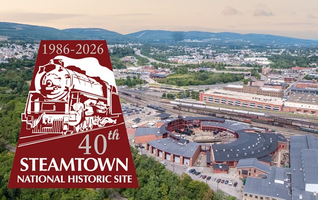 Steamtown 40th logo over an aerial view of the Steamtown complex