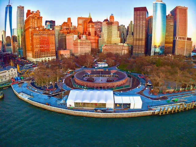 An aerial photo of lower Manhattan, showing the security facility in the foreground.