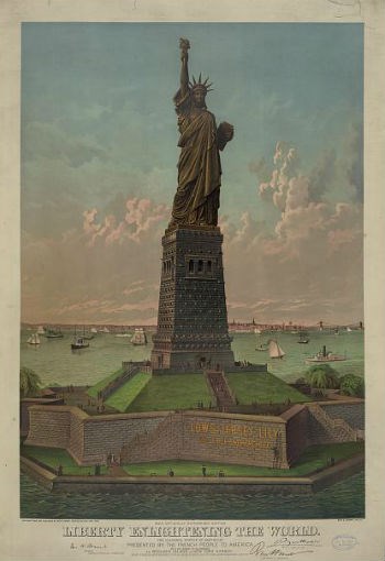 Vintage full-color artist rendering of the Statue of Liberty on Liberty Island.