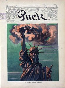 This image from Puck Magazine, September 9, 1908, utilizes the likeness of the Statue of Liberty to convey the horrors African Americans experienced after the Civil War.