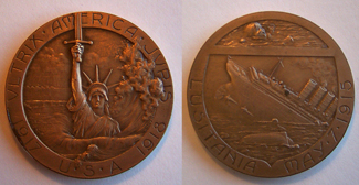 World War I Commemorative coin of the 1915 sinking of the HMS Lusitania, both sides shown