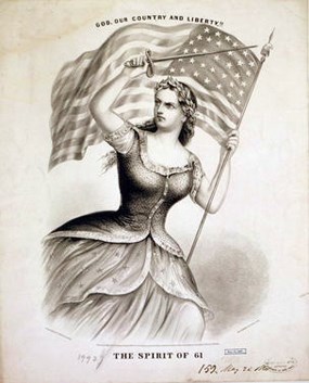 A picture entitled “The Spirit of 61. God, Our Country and Liberty!” by Currier and Ives circa 1861.