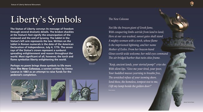 Graphic depicting symbols of the statue like the torch, broken shackles and text explanations