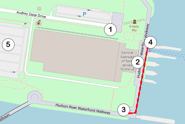 map of liberty state park with numbers and dotted line showing walking route from tent