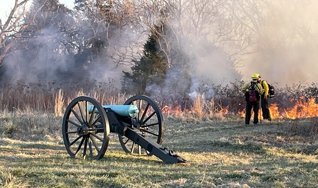 Photo of a cannon with prescribed fire in the background
