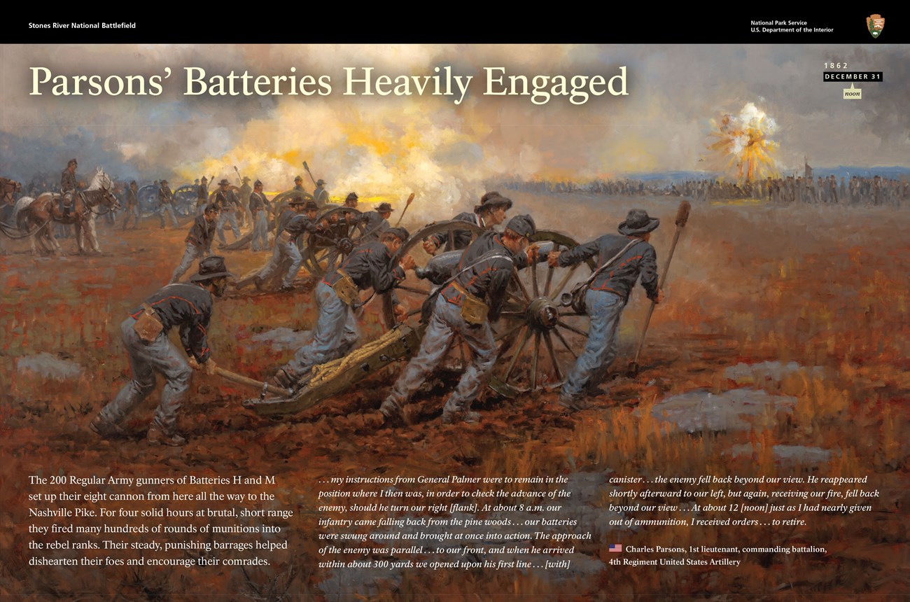 Exhibit panel featuring a painting showing Union cannoneers pushing a cannon forward in the foreground. Other cannons in the distance are firing at a line of Confederate infantry.
