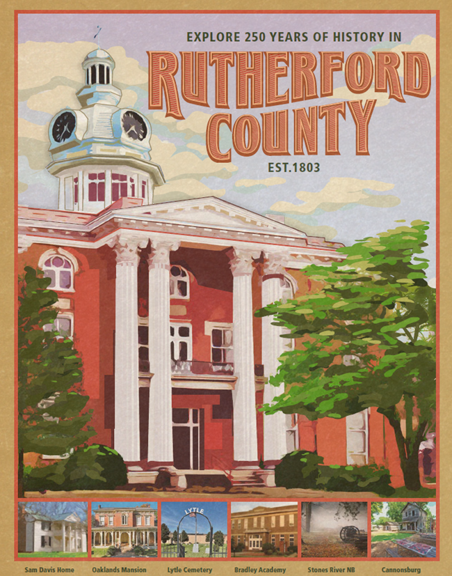 Cover page of Rutherford County America's 250 scavenger hunt booklet featuring image of the Rutherford County Courthouse.