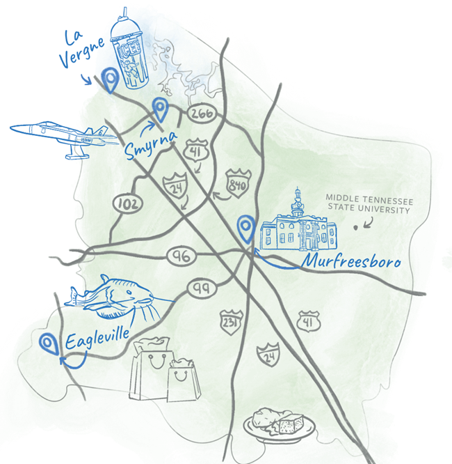 Blue green stylized map of Rutherford County with major roads, images of jet, fish, building, Icee