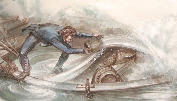 Illustration of a man standing in a boat, bailing water onto flames.
