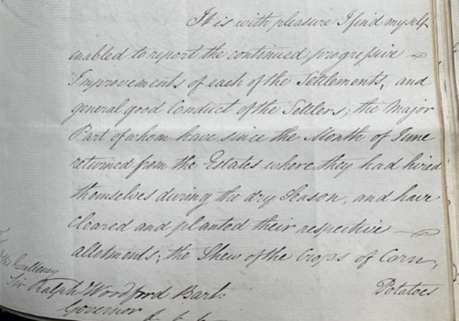 It is with pleasure I find myself enabled to report the continued progressive improvements of each of the Settlements, and general good conduct of the settlers; the major part of them have since the month of June returned from the Estates where they had