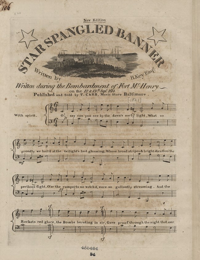 Black and white image of sheet music with "Star-Spangled Banner" as the title.