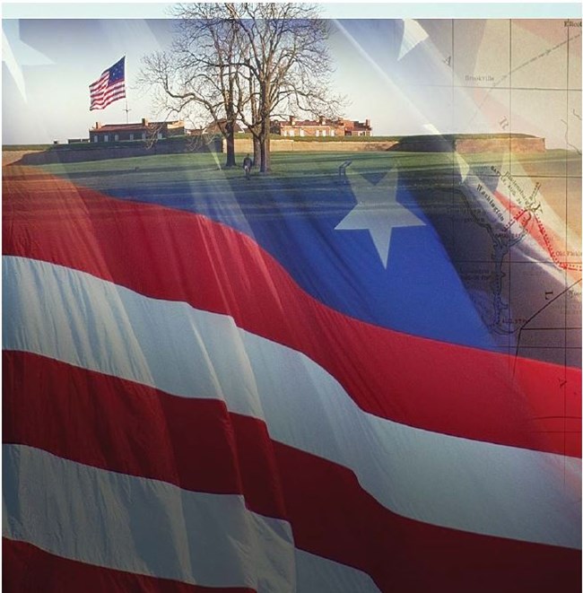 An American flag is superimposed over an image of Fort McHenry