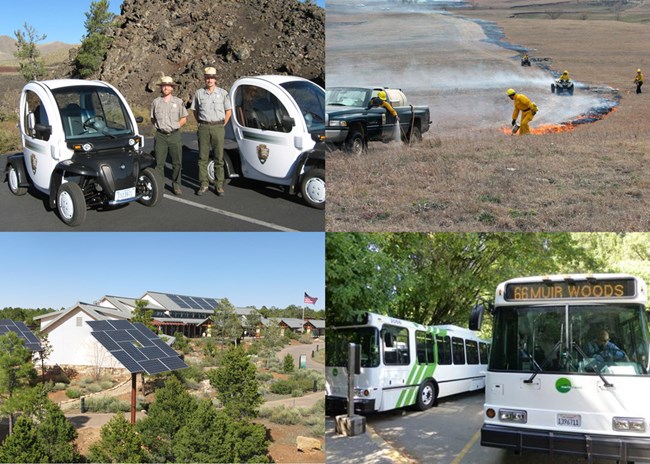 Photo collage of electric vehicles at Craters of the Moon NM & PRES, prescribed burn at Tallgrass Prairie National Preserve, solar panels on a visitor center at Grand Canyon NP, and shuttle buses at Muir Woods NM.