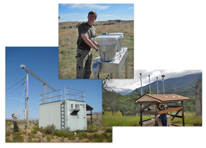 Collage of three photos showing air quality monitoring in parks.  Clockwise from left: ozone monitoring at Zion NP, Utah; N and S deposition monitoring at Wind Cave NP, South Dakota; and visibility monitoring at Sequoia NP, California.