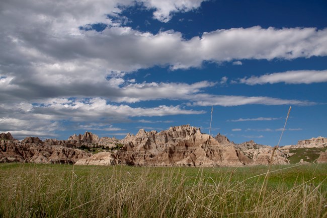Grass prairie and rock formations in Badlands National Park