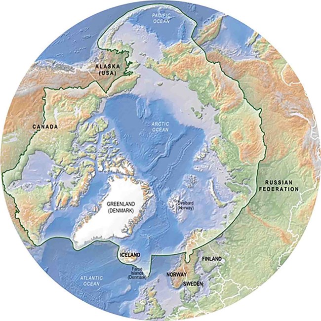 A polar projection of the circumpolar Arctic.