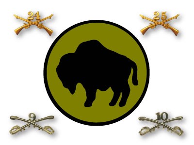 A large green circle with a buffalo drawing in the center surrounded by pins with crossed swords and guns and numbers on them