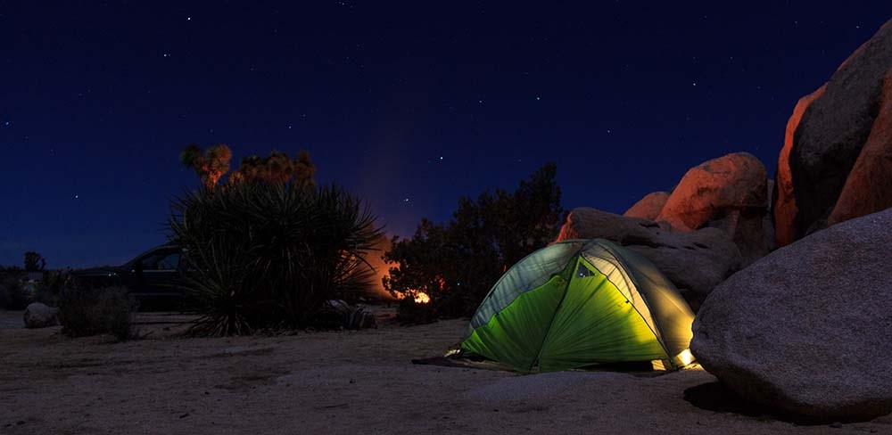 Tent at night at Joshua Tree National Park