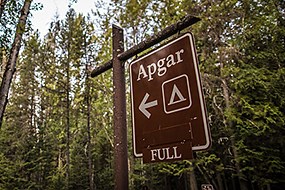 A brown campground sign with the campground name "Apgar" and the word, "full"