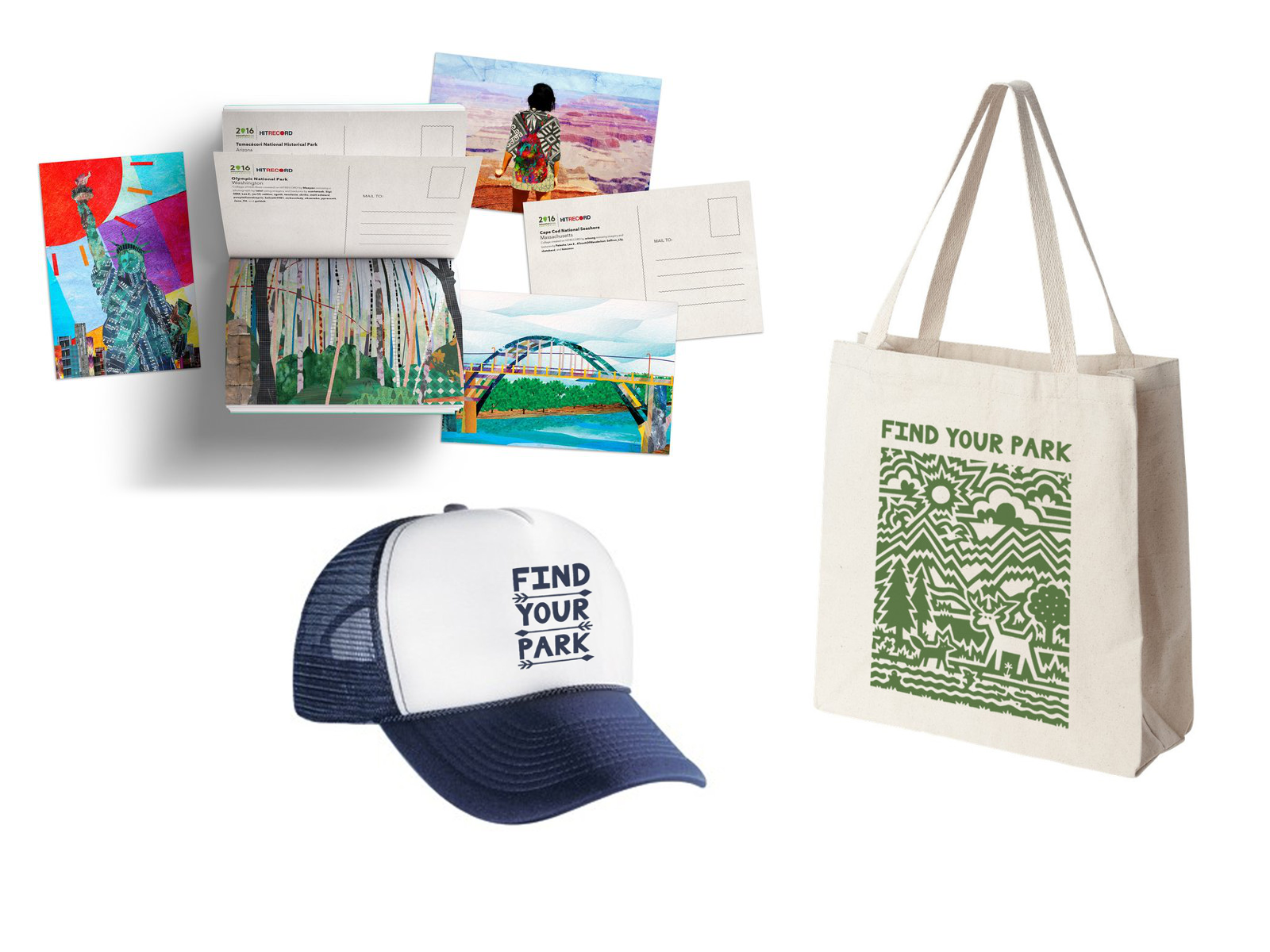 postcards, ballcap, and tote bag