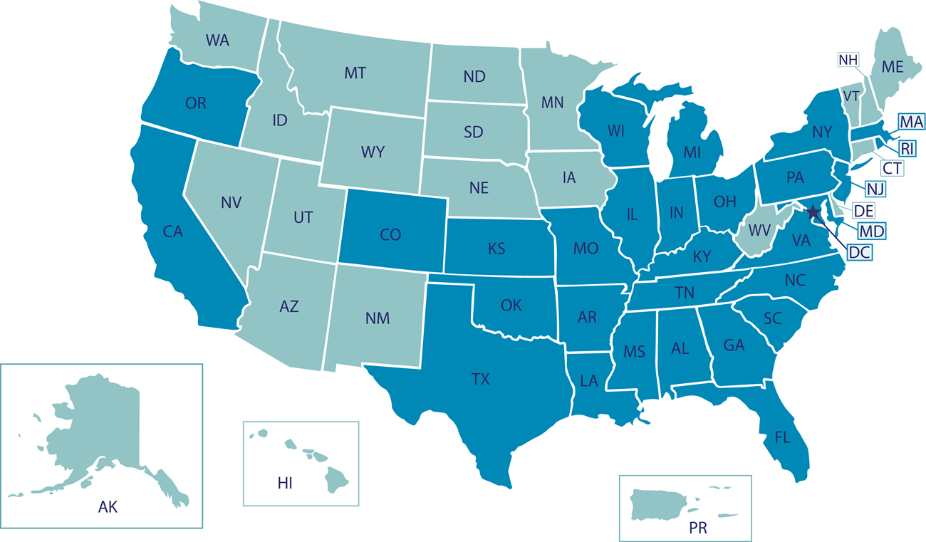 Map of US states and Puerto Rico highlighting states with AACRN members