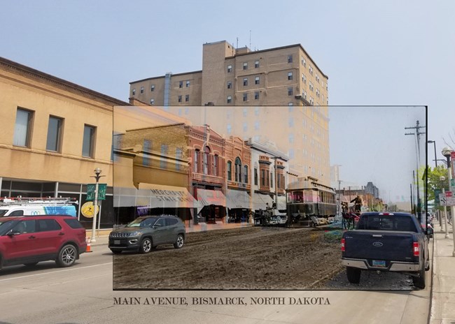 Composite image of historic streetscape overlaid on a contemporary streetscape. Both images show vehicles and buildings.