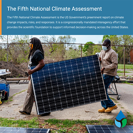 A screenshot from the Fifth National Climate Assessment, showing two people carrying a solar panel.