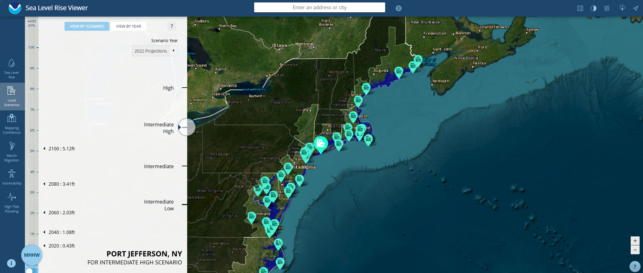 Screenshot of the sea level rise viewer, showing small bit of green land surrounded by blue water