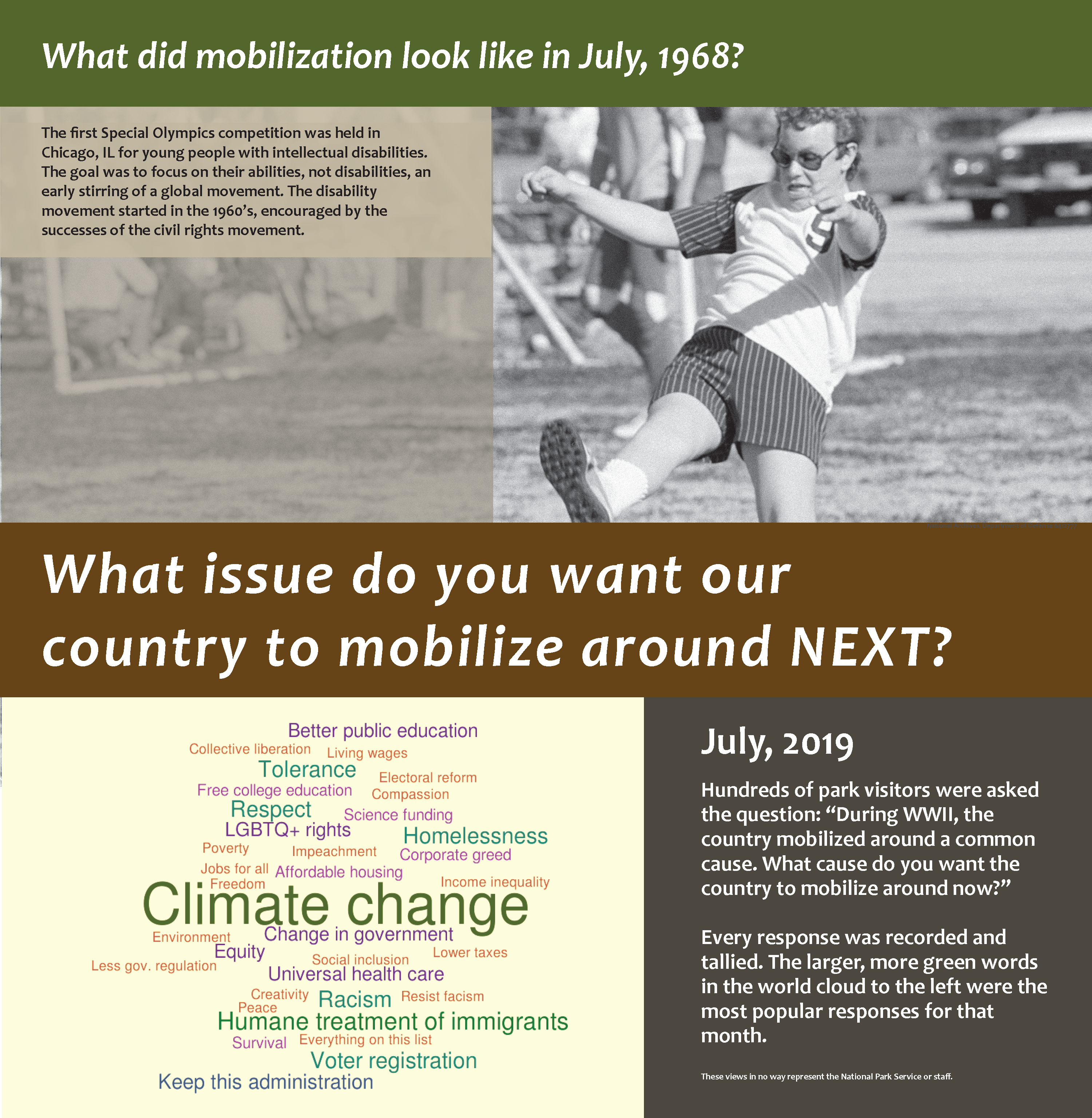 A poster. Section 1: "What did mobilization look like in July, 1968?" with an image and description of the Special Olympics. Section 2:"What issue do you want our country to mobilize around next?" with a word cloud with climate change in the center.