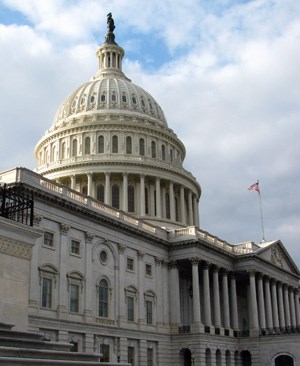 U.S. Capitol building and dome, viewed at an angle from front steps